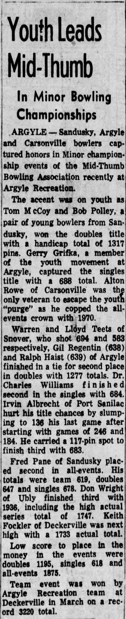 Argyle Lanes (Argyle Recreation) - 1960 Article (newer photo)